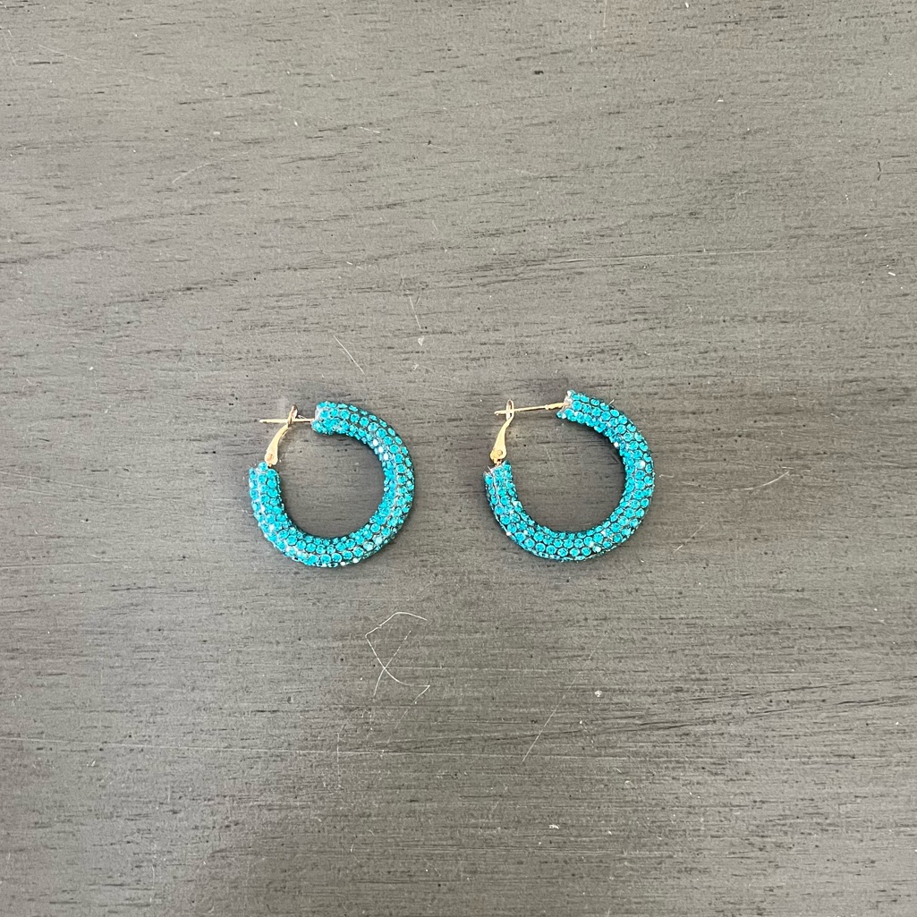 Allover Rhinestone Bright Blue Aqua Turquoise Sparkly Bling 1.25” Hoop Earrings